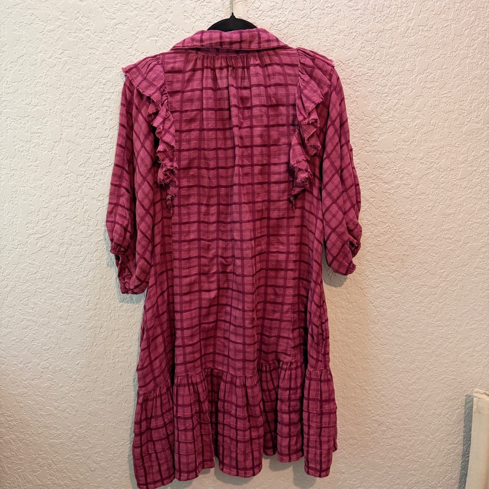 Free People Elora Rose Pink Spring Mini Dress JuneBerry Plaid Boho Cottagecore - Picture 4 of 7